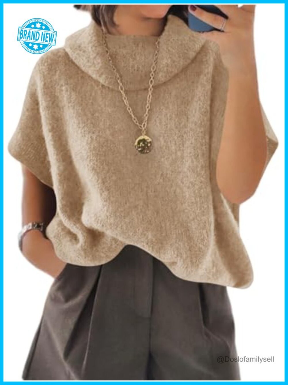 Oversized Turtleneck Sweater Short Sleeve Chunky Knit Pullover Top